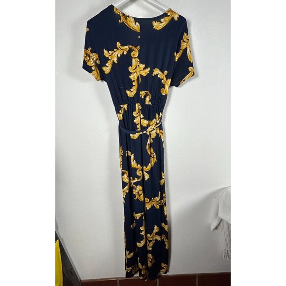 Gilli Women Navy Gold Baroque Print Short Sleeve Wrap Maxi Dress Small Tie-Waist - Picture 2 of 9
